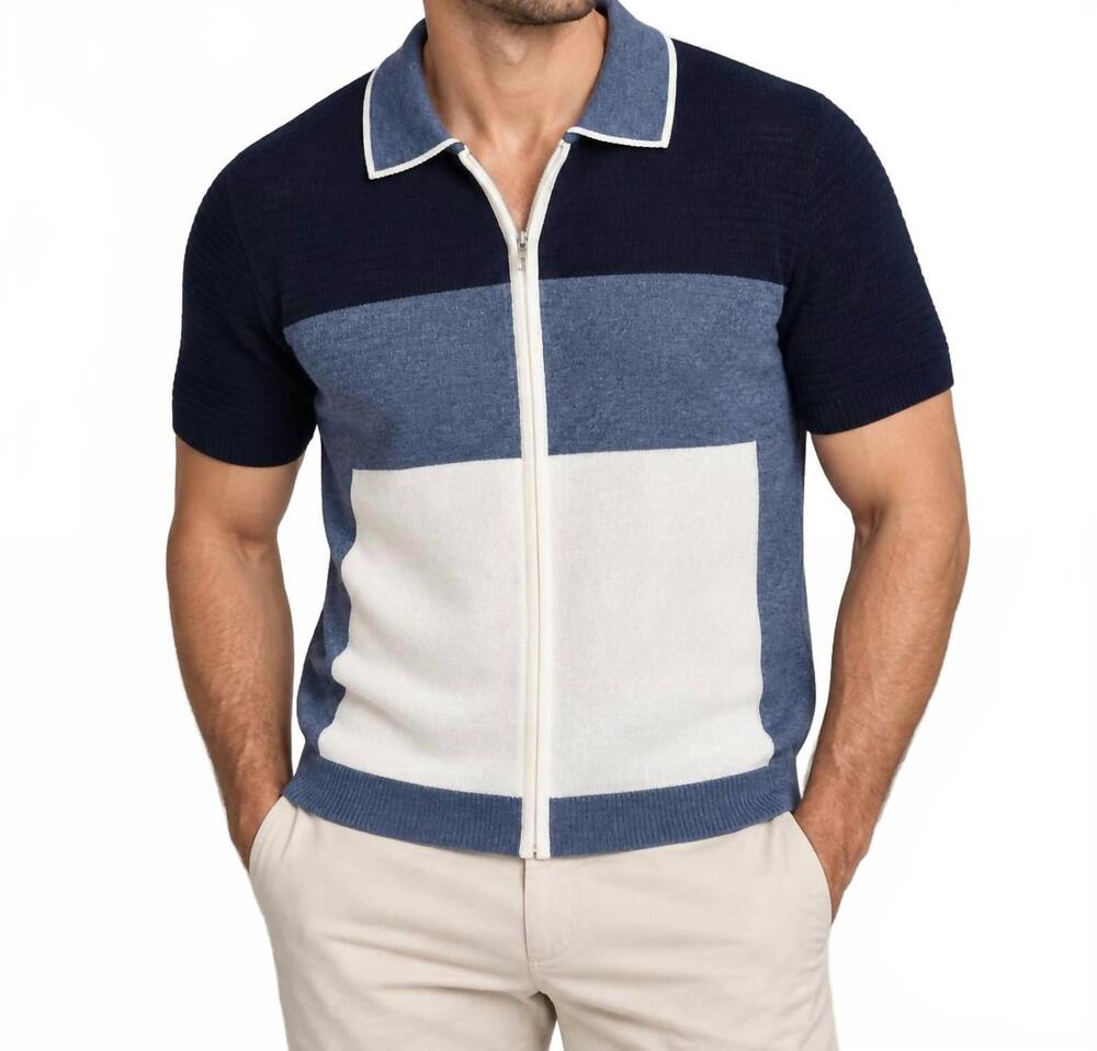 NEW LUCHIANO VISCONTI full zip color block light knit short sleeve polo in blue/